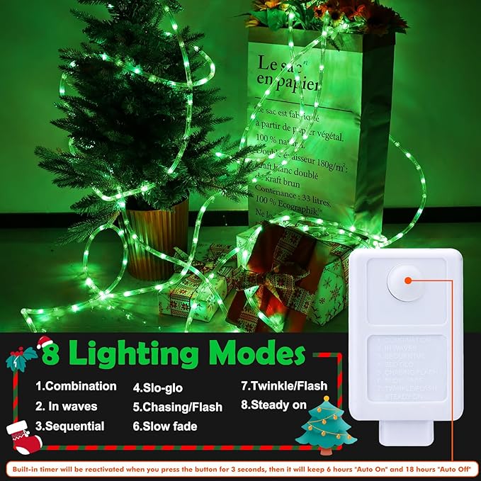 50ft LED Rope Lights Outdoor, 360 LED Connectable and Flexible Tube Lights with 8 Modes, Waterproof LED Rope Lighting for Garden, Patio, Pool, Bedroom, Party, Indoor Outdoor Christmas Decor (Green) Jnaurb