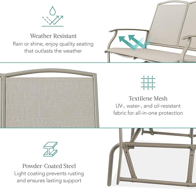 Best Choice Products 2-Person Outdoor Patio Swing Glider Steel Bench Loveseat Rocker for Deck, Porch w/Textilene Fabric, Steel Frame - Taupe BestChoiceProducts