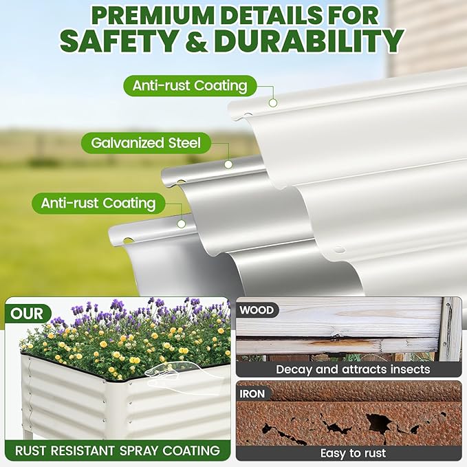 Elevated Raised Garden Bed 2' x 4'- Galvanized Metal Planter Boxes with Legs & Storage Rack, Outdoor Planters for Backyard/Patio/Balcony, with Drainage Holes for Vegetables, Flowers, Herbs, White GGOODGAIN