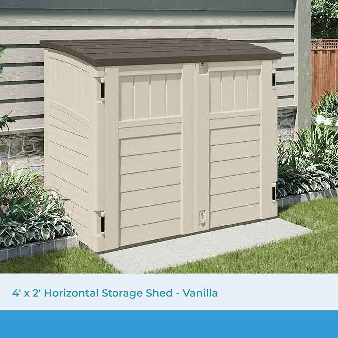 Suncast 34 Cu Ft Horizontal Resin Plastic Storage Shed - Outdoor Storage Shed with Floor Included, Lockable, Weatherproof, Fits Small to Medium Trash Cans, Generators, & Garden Tools, Vanilla Stoney