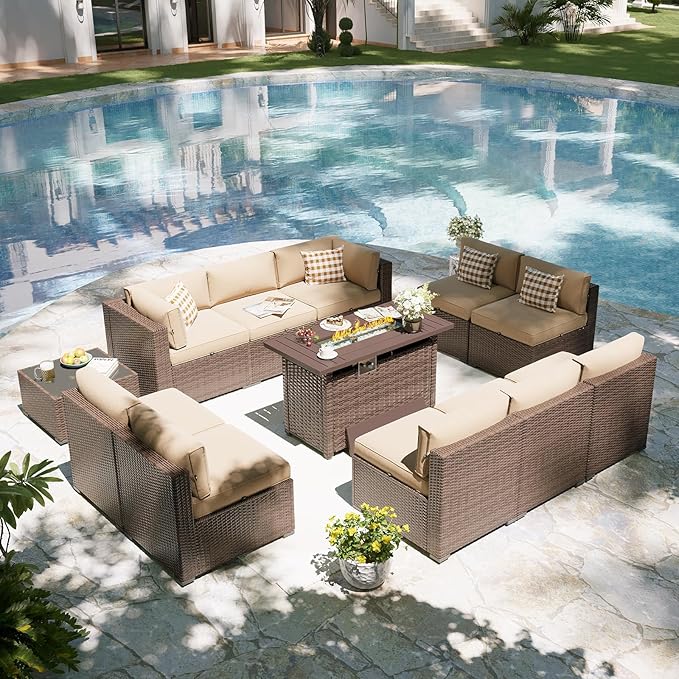 Aoxun Patio Furniture Set with Fire Pit Table, 12 Piece Outdoor Sectional Sofas, 10 Seats Wicker Outdoor Furniture with Thickened Cushion for Backyard, Garden (Brown Rattan Begin Cushions) Aoxun