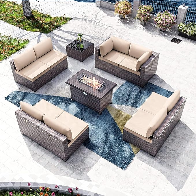 Kullavik 10 Pieces Outdoor Patio Furniture Set with 43" 55000BTU Gas Propane Fire Pit Table PE Wicker Rattan Sectional Sofa Patio Conversation Sets,Khaki KULLAVIK