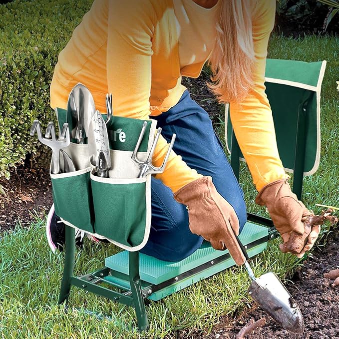 TomCare Upgraded Garden Kneeler Seat Widen Soft Kneeling Pad Garden Stools Garden Bench with 2 Large Tool Pouches Outdoor Foldable Gardening Gifts for Women Men Gardeners, Green TomCare