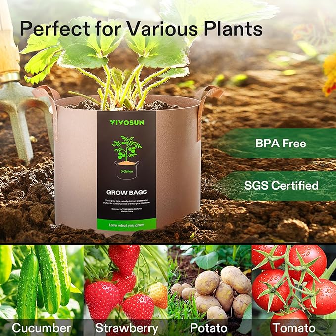 VIVOSUN 5-Pack 5 Gallons Grow Bags Heavy Duty Thickened Nonwoven Fabric Pots with Strap Handles Tan VIVOSUN