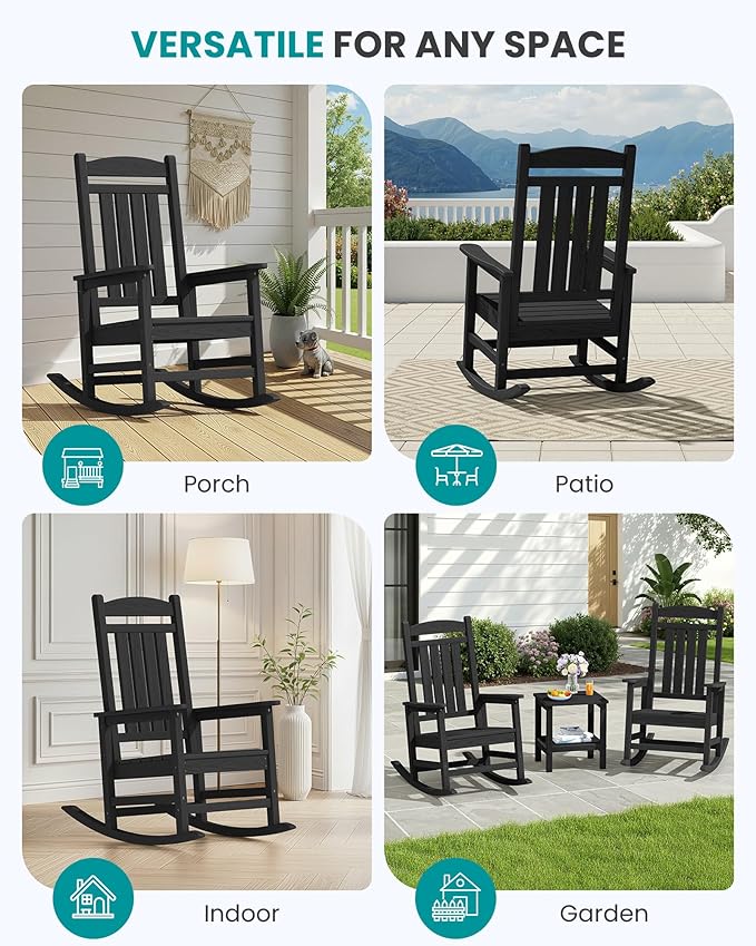 SERWALL HDPE Outdoor Rocking Chair Set of 2, Patio Rocking Chairs, All-Weather Porch Rockers for Adults, Black SERWALL