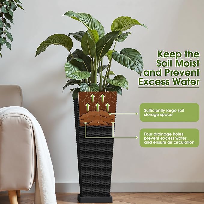 Devoko Resin Tall Planters with Tray for Outdoor Plants Set of 2, Large Taper Outdoor Planter Pots with 4 Drainage Holes, Flower Pots Modern Decor for Porch, Patio, Backyard, Garden(Black, 24") DEVOKO