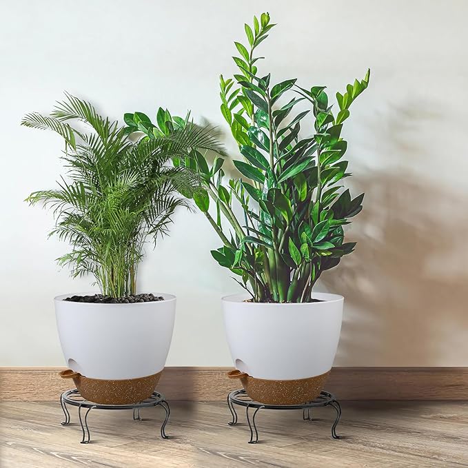 12inch 2Pack Large Self Watering Planters, Plastic Plant Pots with 60oZ Removable Deep Reservoir and Multi Mesh Drainage Holes for Indoor Outdoor Garden Plants and Flowers, White with Brown UOUZ
