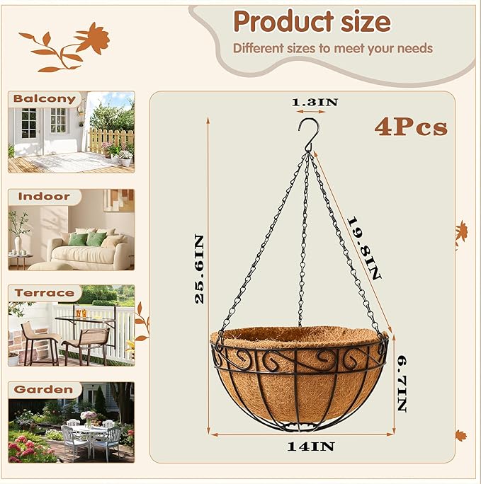 14 inch Metal Hanging Baskets For Plants Outdoor 4 Pack Round Metal Wire Hanging Basket Planter with Coco Fiber Liners Chain Round Wire Plant Holder for Garden, Patio, Deck, Porch Plants Flower Potss JFFLYIT