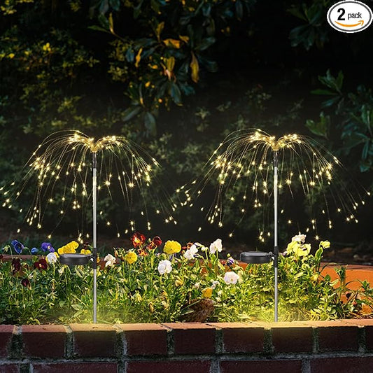 2 Pack Solar Firework Lights Outdoor - Verified 200 LED & 8 Modes - Starburst Solar Powered Garden Lights, Reinforced Durable Stakes, Waterproof Pathway Walkway Lights for Yard Patio Decor colcutee
