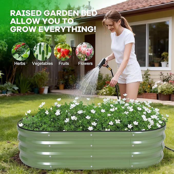 Galvanized Raised Garden Bed Outdoor, 4x2x1ft Oval Metal Raised Beds for Gardening, Rust-Resistant Garden Planter Box with Tools for Planting Vegetables, Flowers, Fruits in Lawn (Olive Green) HEALSTOK