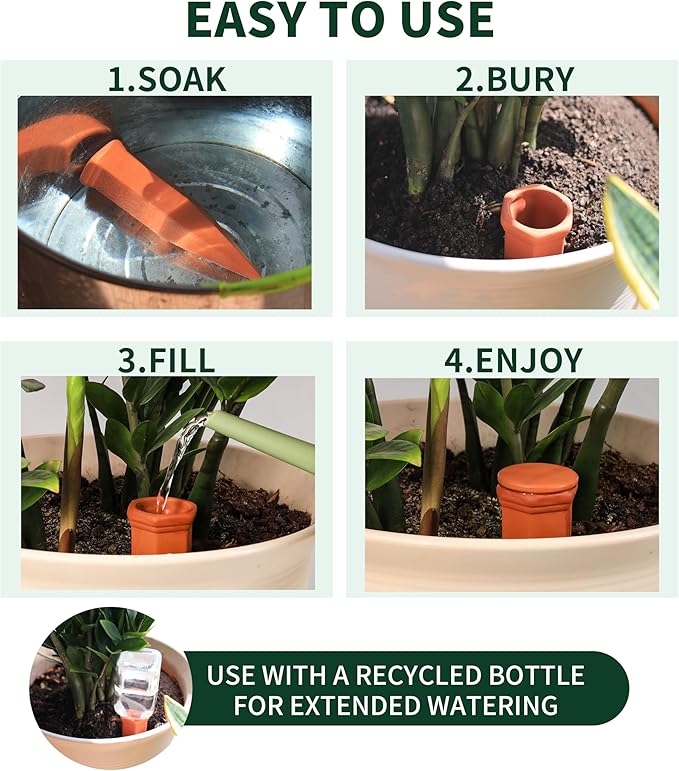 Large Terracotta Watering Spikes with Lids, Automatic Plant Waterer Outdoor | Indoor, Vacation Friendly Clay Plant Watering Devices System, Slow Release Self Watering Planter Insert, 6 Pack SoilaguaDirect