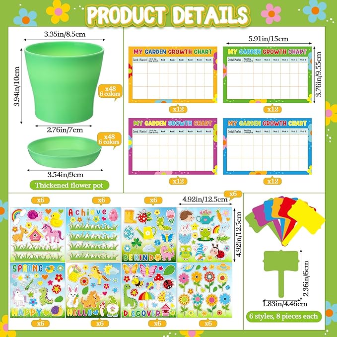 Capoda 48 Sets Garden Flower Pots Crafts Kit DIY Spring Plastic Seedling Nursery Pots with Stickers Plant Labels Growth Charts Planting Growing Tools Classroom Activities Project Gifts (Colorful) Capoda