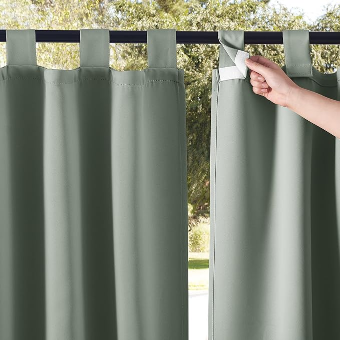NICETOWN 2 Panels Outdoor Sage Green Curtainss Waterproof for Patio, Detachable Sticky Tab Top Weighted Blackout Sun & Rain Block Window Treatment, Privacy for Gazebo/Porch, W52 x L95 NICETOWN