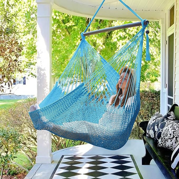 Caribbean Hammock Swing Chair with Spreader Bar, Large Hammock Chair, Hand Craft Rope Hanging Chair Outdoor, Indoor, Bedroom, 330 LBS Weight Capacity, Blue Bathonly