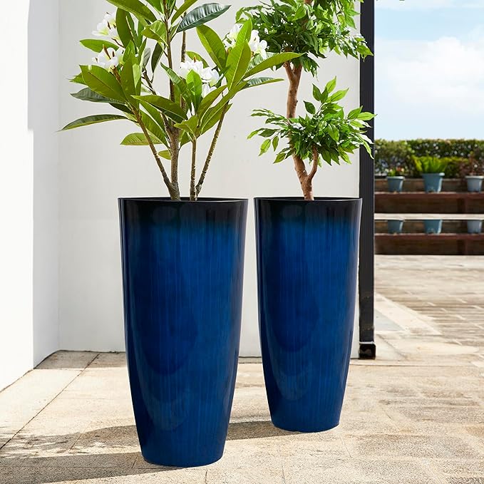 Glitzhome 30" H Tall Planters for Outdoor Plants, Set of 2 Plastic Large Outdoor Planters with Gradient Cobalt Blue Faux Ceramic Finish,Large Flower Pots with Drainage Holes for Front Porch Indoor Glitzhome