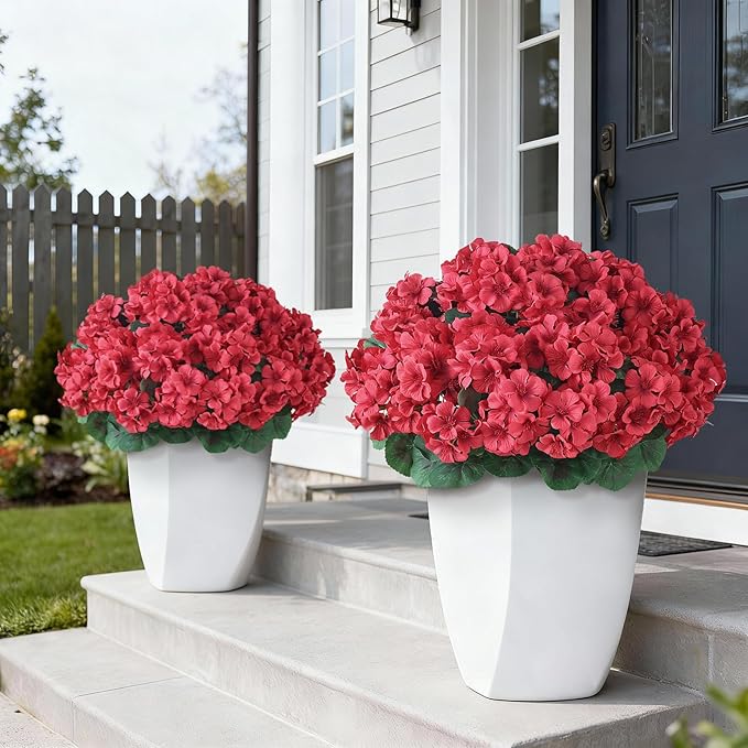 2 Pack Artificial Geranium Flowers Topitary Trees for Outdoors, UV Resistant Geraniums Potted Bushes Look Real Silk Faux Plants for Front Door Garden Porch Planter Farmhouse Home Decor (Red) GLIDLION