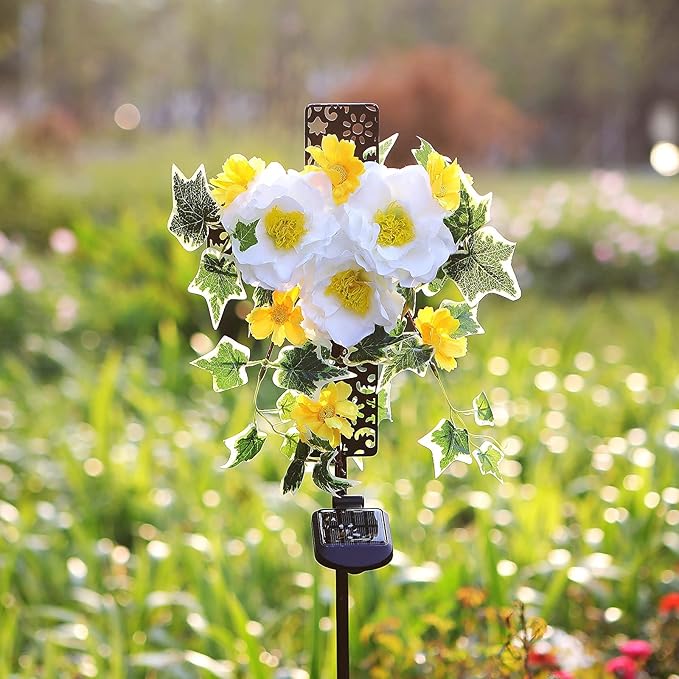 Starryfill Solar Memorial Cross Lights with 3 Flowers, LED Grave Maker, Waterproof Cemetery, 40.5 Inch High Remembrance Sympathy Gifts for Loved Ones Starryfill