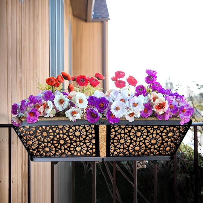 ZeeDix Railing Planter Boxes, 24 Inch Window Flower Box Planters with Coco Liner & Adjustable Brackets for Deck Porch Fence Patio Balcony Gardening Outdoor Plants (2 Pack) ZeeDix