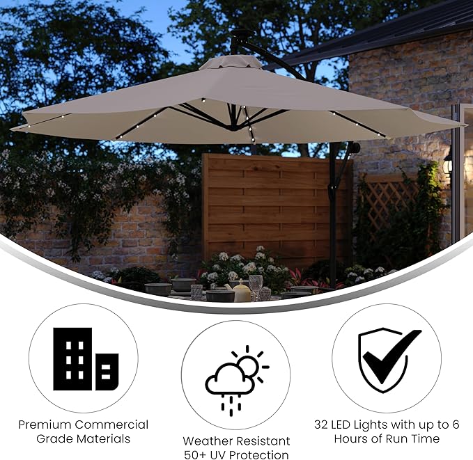 Flash Furniture Sedona Round Solar Cantilever Umbrella, Commercial Grade with Built in Cross Base, Crank and Tilt, 32 LED Lights, 6 Hour Run Time, 10 FT, Tan FlashFurniture