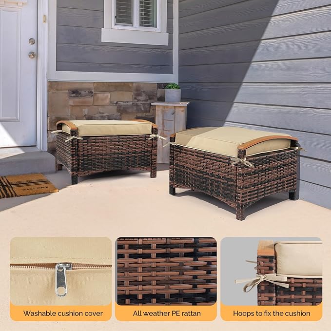 VINGLI Wicker Outdoor Ottoman Set of 2, All Weather PE Rattan Footstool for Patio w/Removable Cushions, Waterproof Rattan Foot Rest for Garden, Balcony, Poolside (Brown) VINGLI