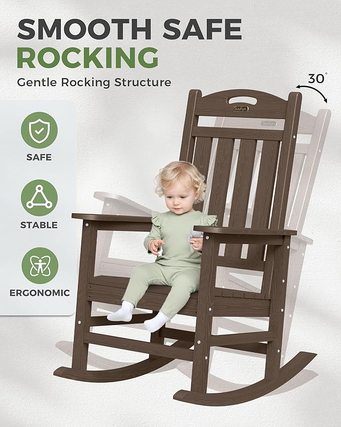 Oversized Outdoor Rocking Chair, HDPE All Weather Resistant Rocking Chairs for Patio, High Back Porch Rocker Chair, 380lbs Weight Capacity, Brown Suunyn