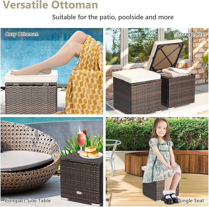 Tangkula 2 Pieces Patio Ottomans, Patiojoy Hand-Woven PE Rattan Side Table with Removable Cushion & Hidden Storage Space, Multifunctional Storage Box, Seat for Patio, Backyard, Poolside (Off White) TANGKULA