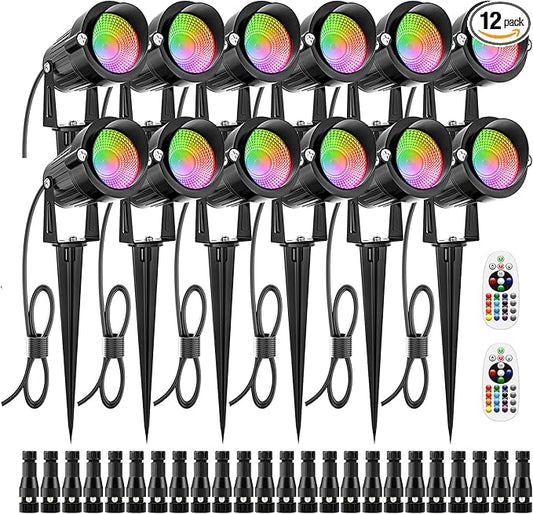 ZUCKEO 12W RGB Low Voltage Landscape Lights, LED Color Changing Landscape Lighting, IP66 Waterproof Outdoor Spotlight, 12V 24V Christmas Decorative Light for Yard Garden Path(12Pack) ZUCKEO