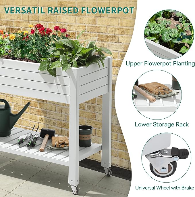 YITAHOME 43.3x17.7x34 in Elevated Garden Bed 2pcs, Outdoor Plastic Planter Box with Wheels, Legs, Drain Plug, and Storage Shelf for Plants, Vegetables, Flowers, Herbs, Grayish-White YITAHOME
