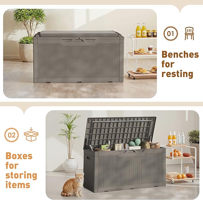 Greesum 100 Gallon Resin Deck Box Large Outdoor Storage Boxes with Cushions for Garden Tools, Patio Furniture Pillows, Pool Supplies, Light Coffee BuynowfromGreesum