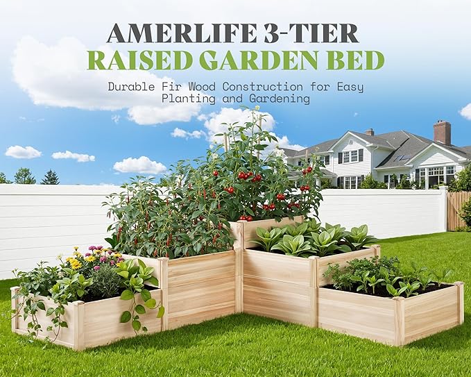 AMERLIFE 3-Tier Raised Garden Bed, 28 Inch Depth Fir Wood Planter Box for Outdoor Gardening with Dividers, Tool-Free Assembly, Garden Box, Ideal for Vegetables, Herbs, Flowers AMERLIFE
