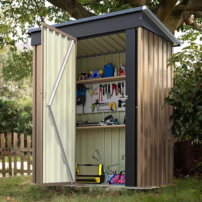 Devoko Outdoor Storage Shed 5 x 3 FT Lockable Metal Garden Shed Steel Anti-Corrosion Storage House with Single Lockable Door for Backyard Outdoor Patio (Brown) DEVOKO