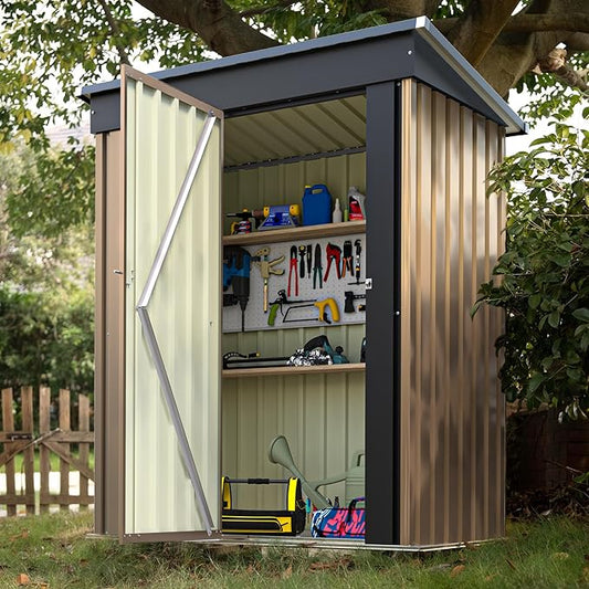 Devoko Outdoor Storage Shed 5 x 3 FT Lockable Metal Garden Shed Steel Anti-Corrosion Storage House with Single Lockable Door for Backyard Outdoor Patio (Brown) DEVOKO
