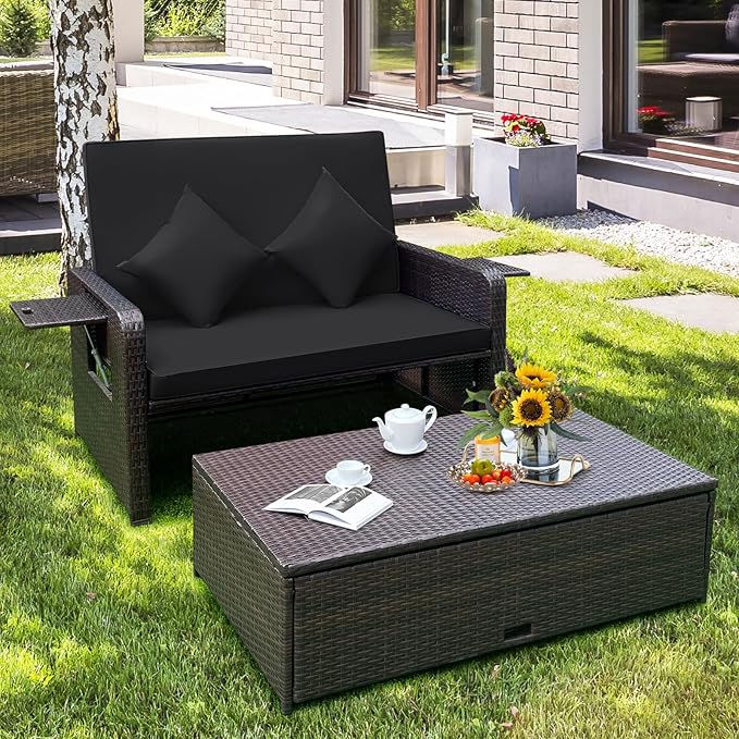Tangkula Patio Rattan Daybed with 4-Level Adjustable Backrest, Outdoor PE Wicker Loveseat with Storage Ottoman & Folding Side Tray, Double Sunbed Lounger for Balcony, Backyard & Poolside, Black TANGKULA