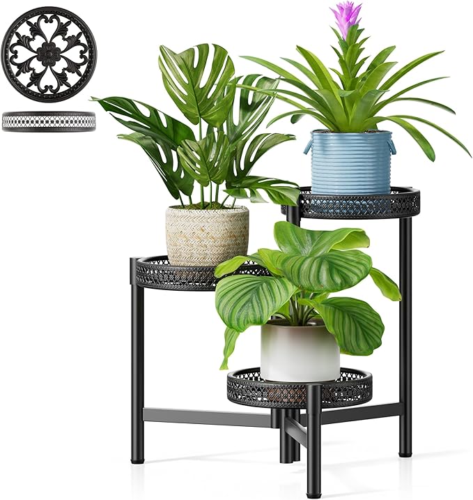 Metal Plant Stand Indoor Outdoor, 3 Tier Corner Tall Plant Shelf for Multiple Plants, Tiered Plant Stand, Heavy Duty Flower Plant Holder, Folding Tall Rack for Garden Patio Lawn Balcony - BlackWave Rootora