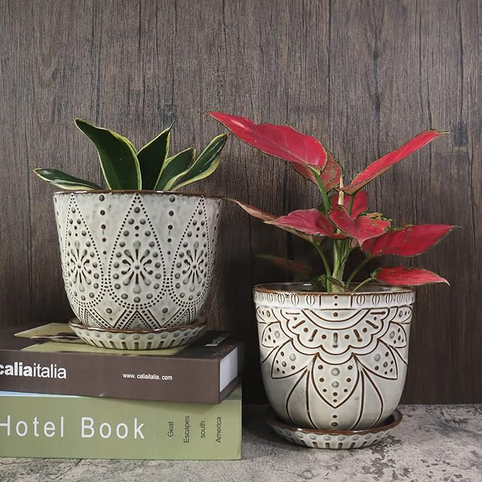 Gepege 6 Inch Beaded Ceramic Planter Set of 2 with Drainage Hole and Saucer for Plants, Indoor-Outdoor Large Round Succulent Orchid Flower Pot (Smoked Gray, Inner-pots not Larger Than 5 Inch) Gepege