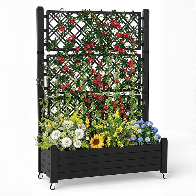 Raised Garden Bed with Trellis, 21 Gallon Self Watering Planter Box with Lockable Wheels & Drainage Holes for Climbing Plants Vegetables Flowers, Anti-Rust Resin for Backyard Patio (Black) OutdoorLivingPerfected