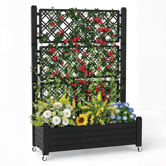Raised Garden Bed with Trellis, 21 Gallon Self Watering Planter Box with Lockable Wheels & Drainage Holes for Climbing Plants Vegetables Flowers, Anti-Rust Resin for Backyard Patio (Black) OutdoorLivingPerfected