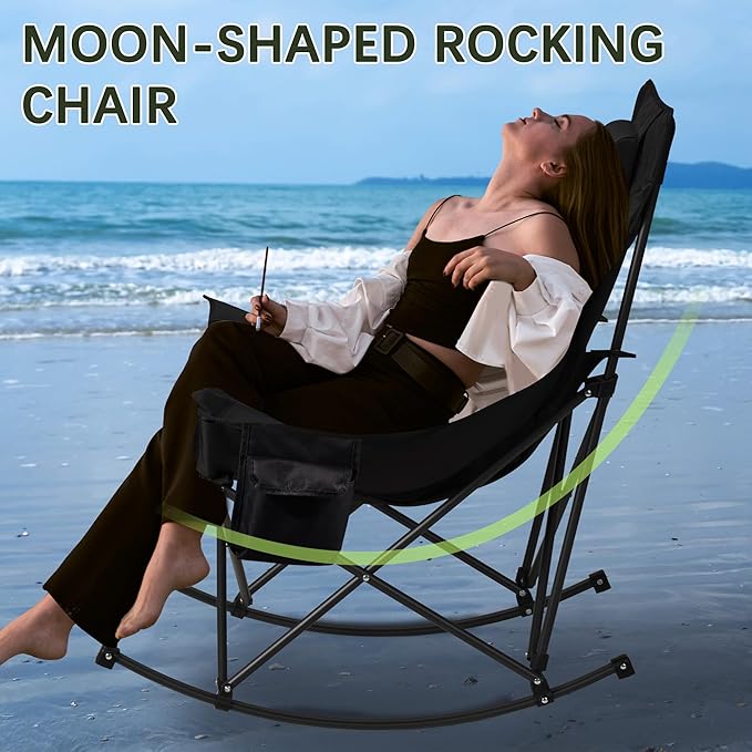Oversized Rocking Camping Chair with Headrest & Cup Holder - 400lbs Capacity, 600D Oxford Fabric, Easy Fold Portable Outdoor Rocker Chair for Camping, Backyard, Beach, Deep Gray Rootora