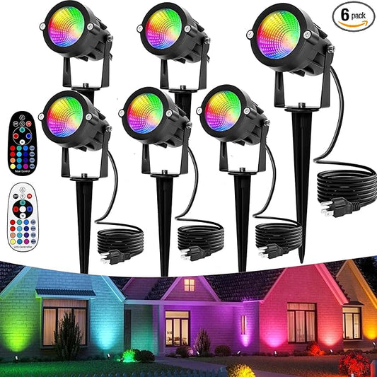 Halloween Christmas Spotlights Outdoor: RGBW Spot lights Plug in 120V Remote Control 16 Color Changing Waterproof LED Landscape Spotlights for Yard Garden Lawn Holiday Décor, 6 Pack (RGB + Warm Light) CoziTech
