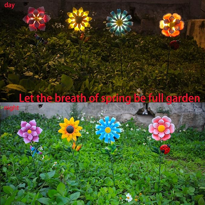 Solar Garden Stakes Lights for Outdoor Decor, 4 Pack Waterproof Metal Art Stick Flowers, Light for Outside Garden Patio Pathway Yard Backyard Porch Lawn SolarGardenDecorationLight