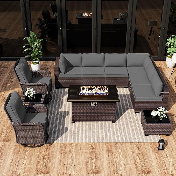 ALAULM Patio Furniture Set with 2 Swivel Chairs, Outdoor Sectional with 55000 BTU Fire Pit Table and Wide Seat, 11 Pieces Wicker Rattan Conversation Set with Coffee Table for Garden, Deck, Grey ALAULM
