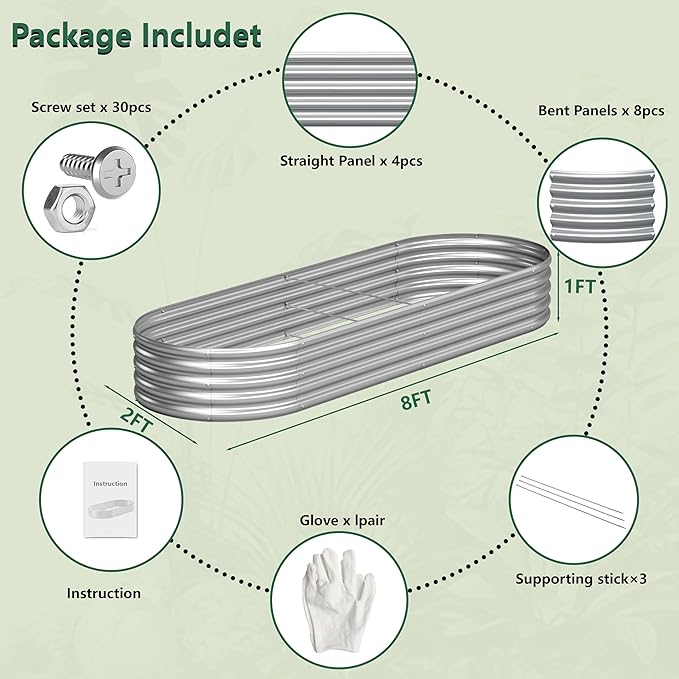 2PCS 8x2x1FT Galvanized Raised Garden Bed Kit,Vegetable Boxes-Oval Metal Flower Box,Large Planter Raised Beds Outdoor Garden for Planting,Fruit,Herb-Silver Yortrek