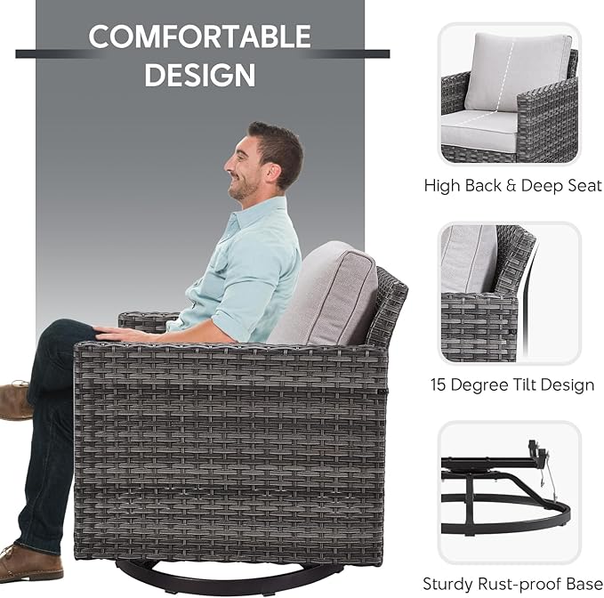 Belord Patio Furniture Set with Fire Pit Table: 9 Pieces Wicker Oversize Patio Conversation Set with Outdoor Swivel Glider Rocker Rattan Couch Ottomans, Anti-Rust Frame, Removable Cushion Beige Belord