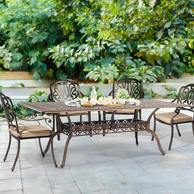VINGLI 8-Person Outdoor Dining Table, Metal Dining Table with Umbrella Hole Cast Aluminum Patio Table, Rectangle Table Outdoor Furniture Garden Table (87”Lx42W”x28.5”H) VINGLI
