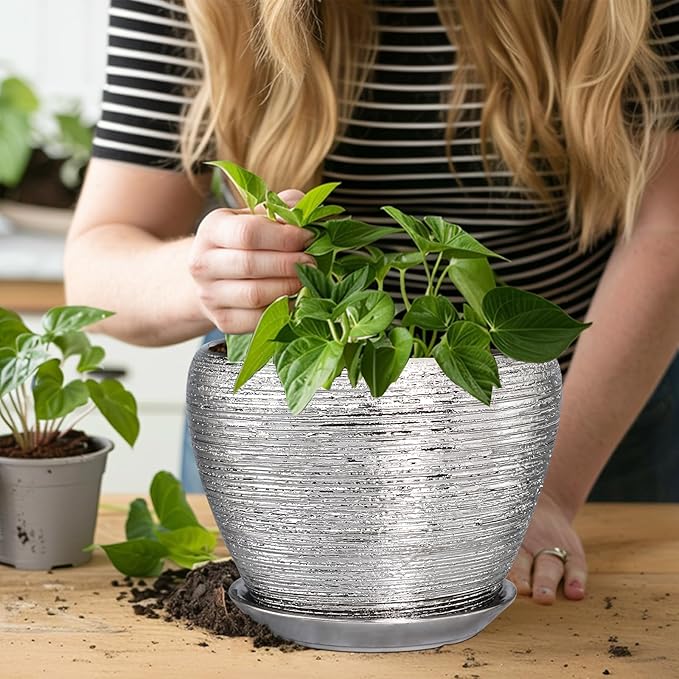 Pot for Plants 8 Inch - Ceramic Plant Pot Indoor with Drainage Hole and Saucer Decorative Planter for Indoor Plants Modern Round Flower Pot for Home Decor Silver Ceramicfor