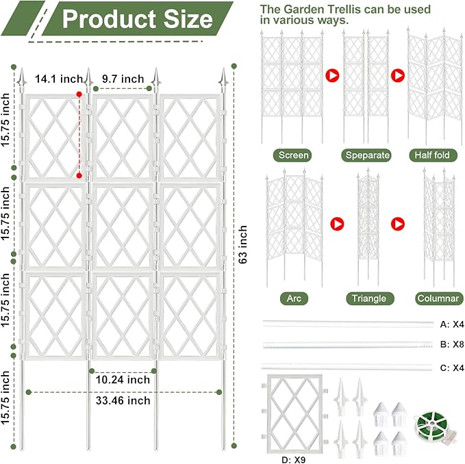 5.25FT Garden Trellis for Climbing Plants Outdoor,White Iron Pipe Support Fence,Metal Wall Lattice Climbing Frame for Potted Plants Indoor for Ivy Vines Vegetable Flower, Patio, Lawn, Yard, Backyard ParseBio
