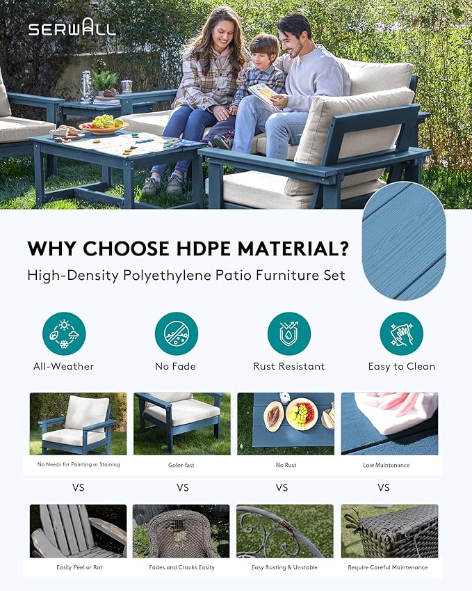SERWALL HDPE Patio Furniture Set, 7-piece Outdoor Sectional Sofa Set, All Weather Outdoor Couch Set for Deck, Lawn, Blue Frame with Khaki Cushion SERWALL