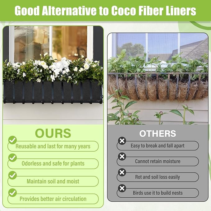 Riare 4 Pack 36 Inch Black Fabric Window Box Liners- Felt Square Trough Planter Basket Liners Replacement, Non-Woven Hanging Flower Plant Box Liner for Outdoor Plants Garden Fence- Avoid Birds Nesting Riare
