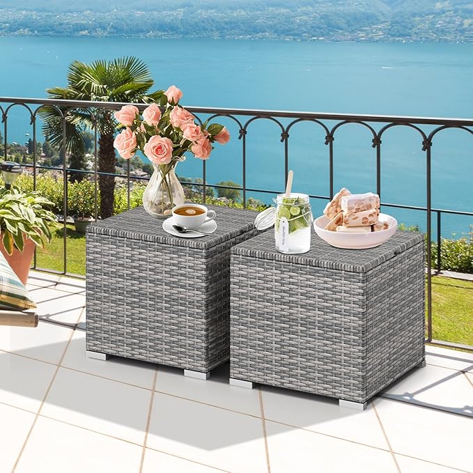 Tangkula 2 Pieces Patio Ottomans, Patiojoy Hand-Woven PE Rattan Side Table with Removable Cushion & Hidden Storage Space, Multifunctional Storage Box, Seat for Patio, Backyard, Poolside (Black&Grey) TANGKULA