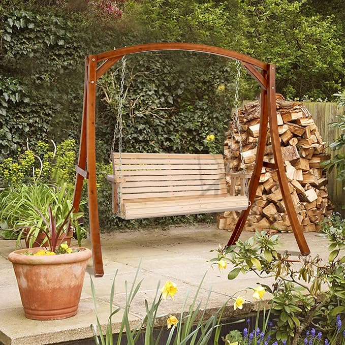 VINGLI Upgraded Patio Wooden Porch Swing for Courtyard & Garden, Heavy Duty 880 LBS Swing Chair Bench with Hanging Chains for Outdoors (Natural, 4 FT) VINGLI